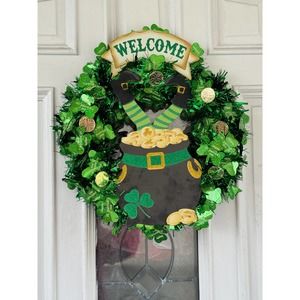 Welcome Leprechaun Pot of Gold Saint Patricks Day Wreath Door Hanger